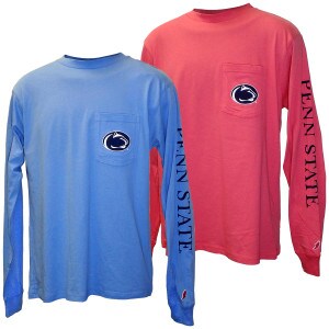 light blue and Nantucket Red long sleeve t-shirts with Athletic Logo on left chest pocket and Penn State down left sleeve